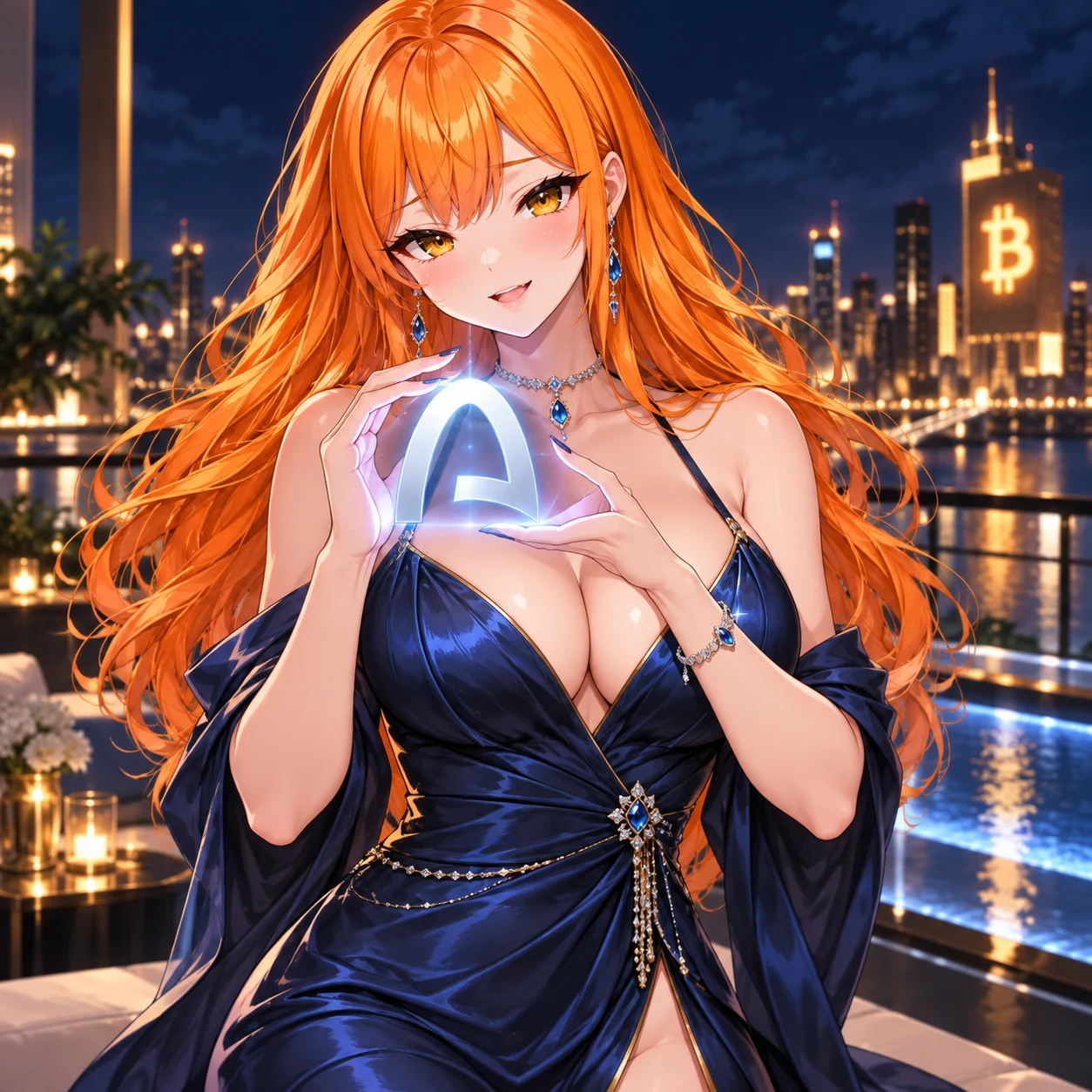 The muse holding a glowing Arc emblem in a midnight blue gown