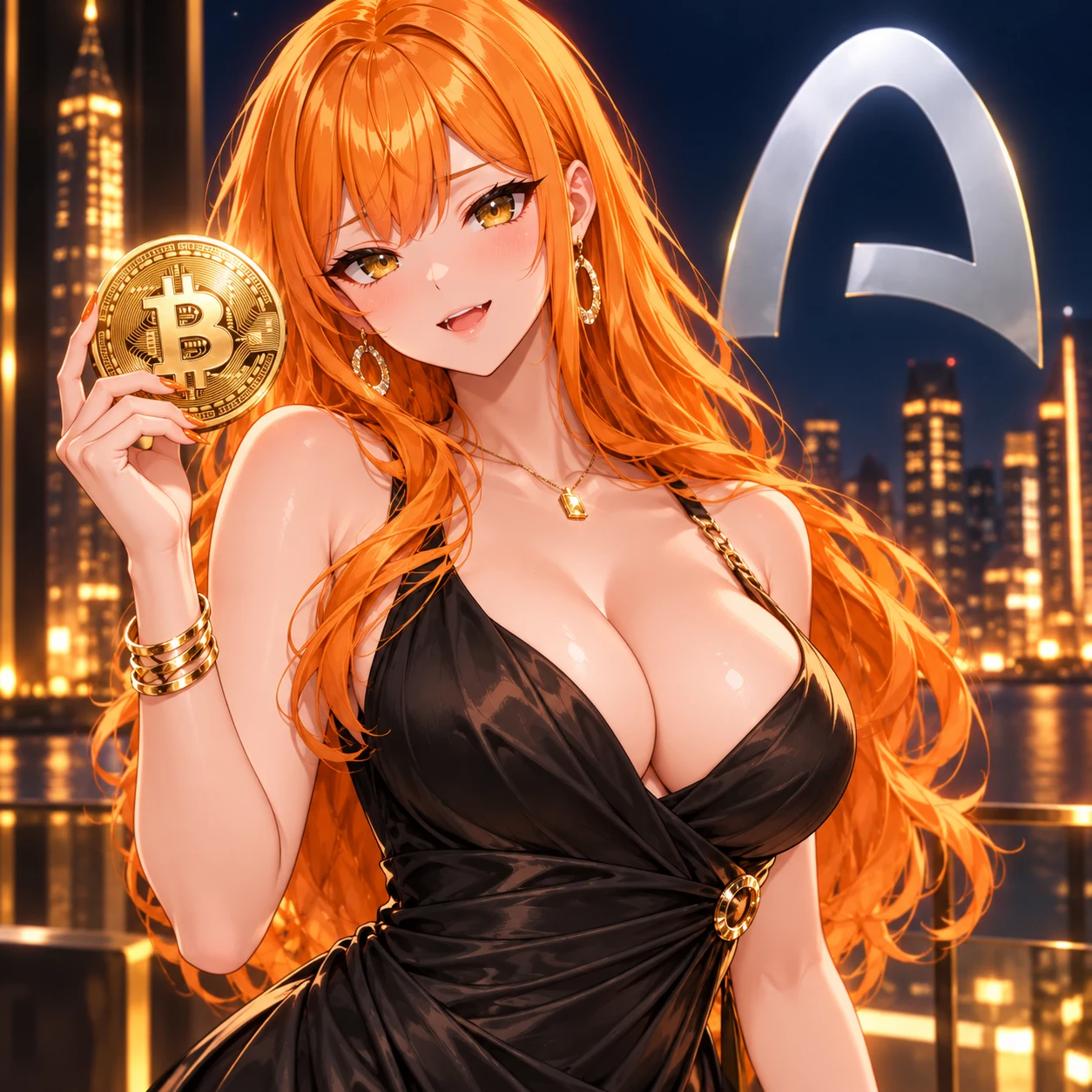 Orange-haired muse in black satin holding a golden Bitcoin, with Arc lights behind her